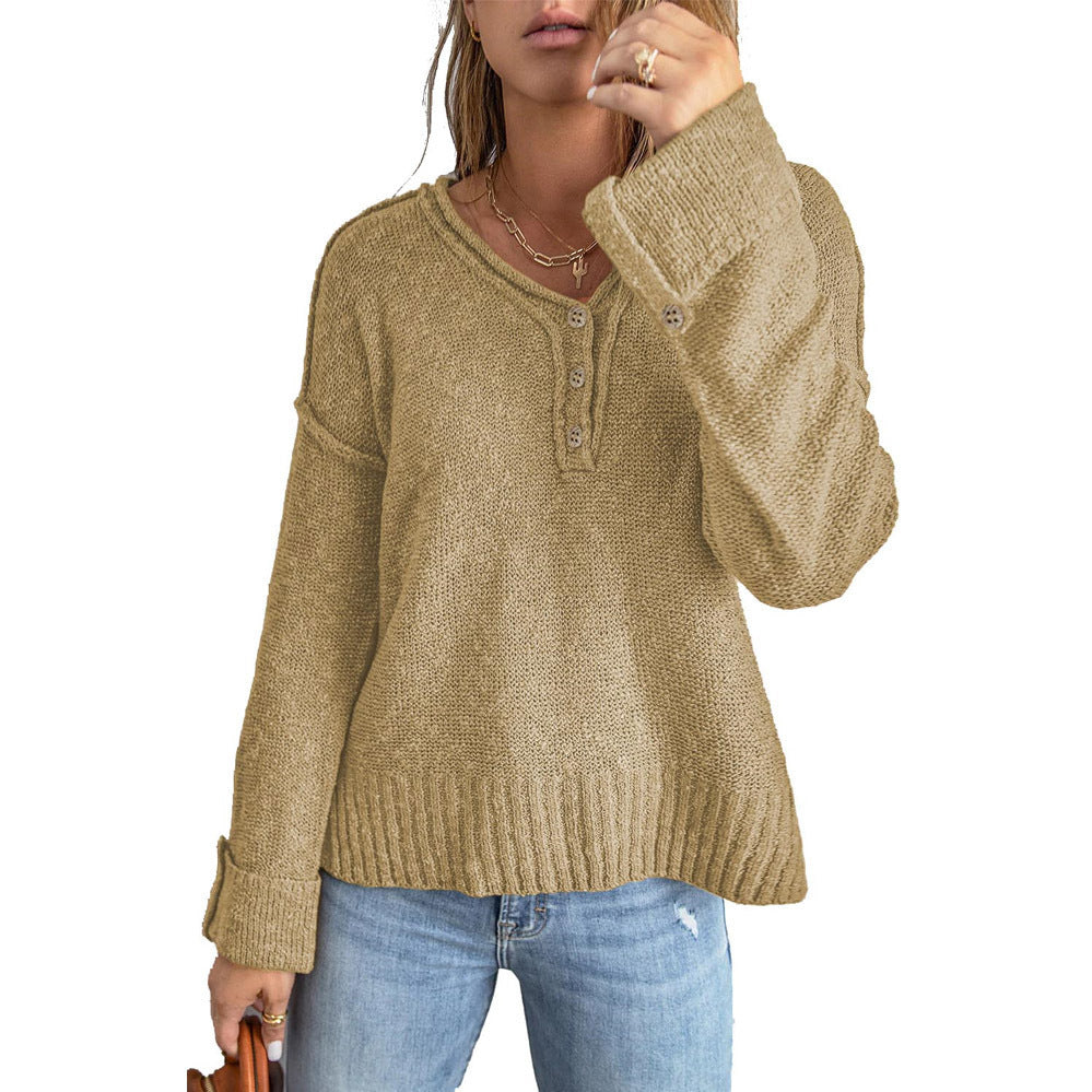 Ladies casual knit sweater with button placket and loose fit Ivyshape