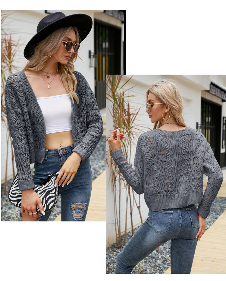 IvyShape | Solid Color Hollow Sweater Cardigan