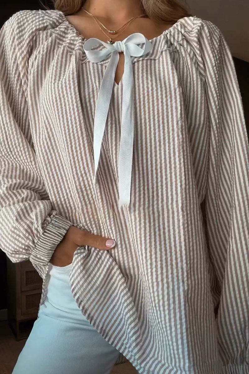 Ivyshape | Striped Tie Chiffon Shirt