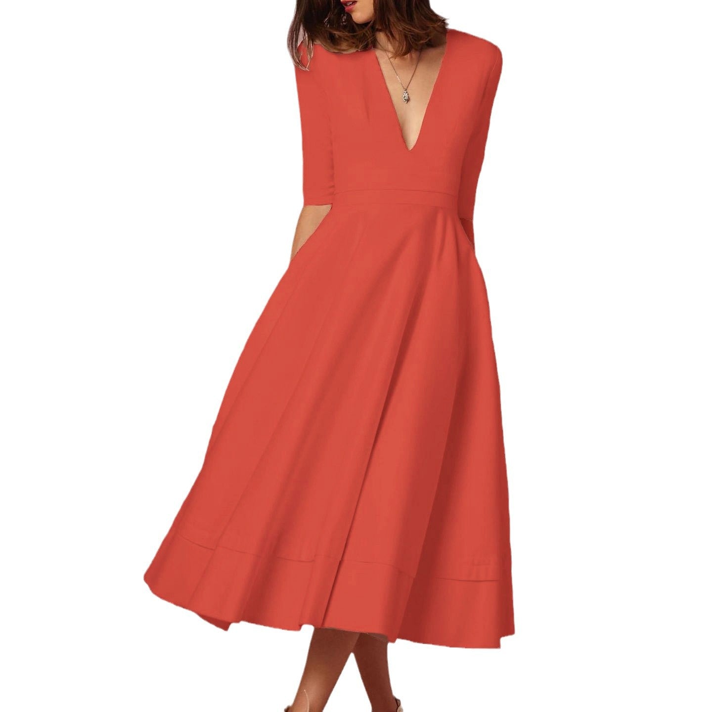 Women Elegant V-Neck Midi Dress Ivyshape