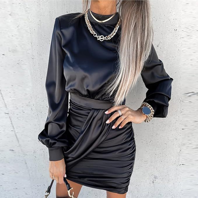Women Elegant Wrap Dress with Long Sleeves and Ruching Ivyshape