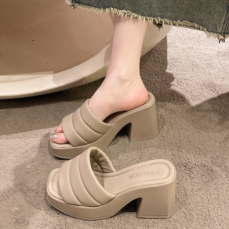 Ladies platform slides with wide strap design and stylish block heel Ivyshape