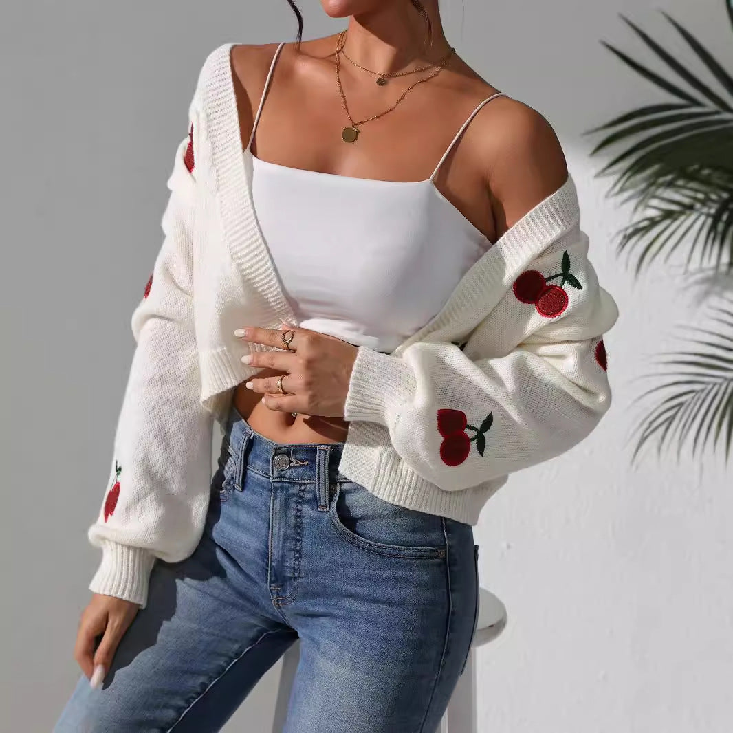 Ladies airy knitted cardigan with sweet cherry embroidery Ivyshape