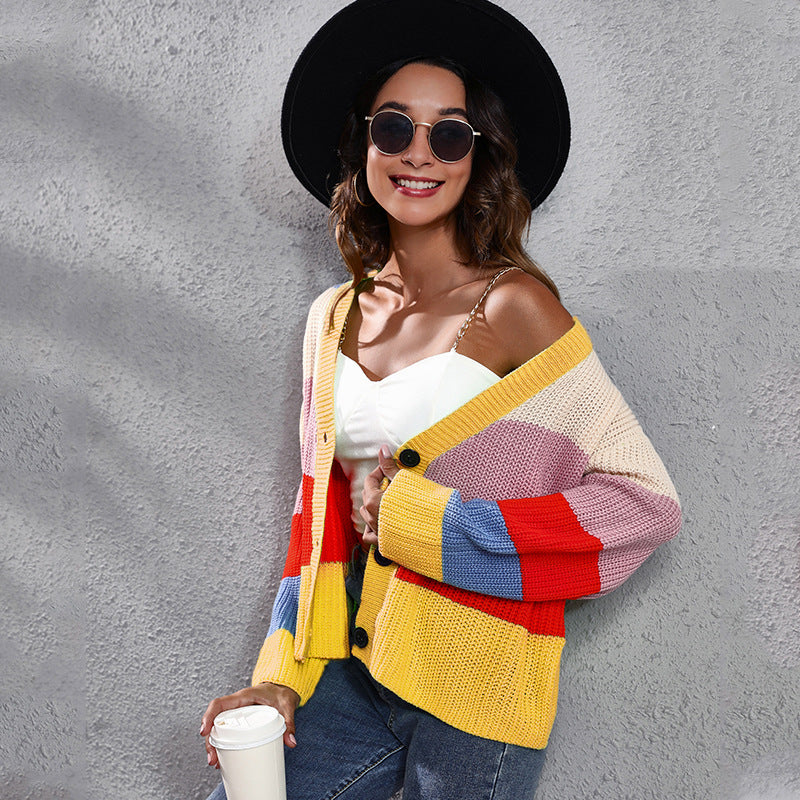 Ladies fashionable cardigan with colorful striped pattern and button details Ivyshape