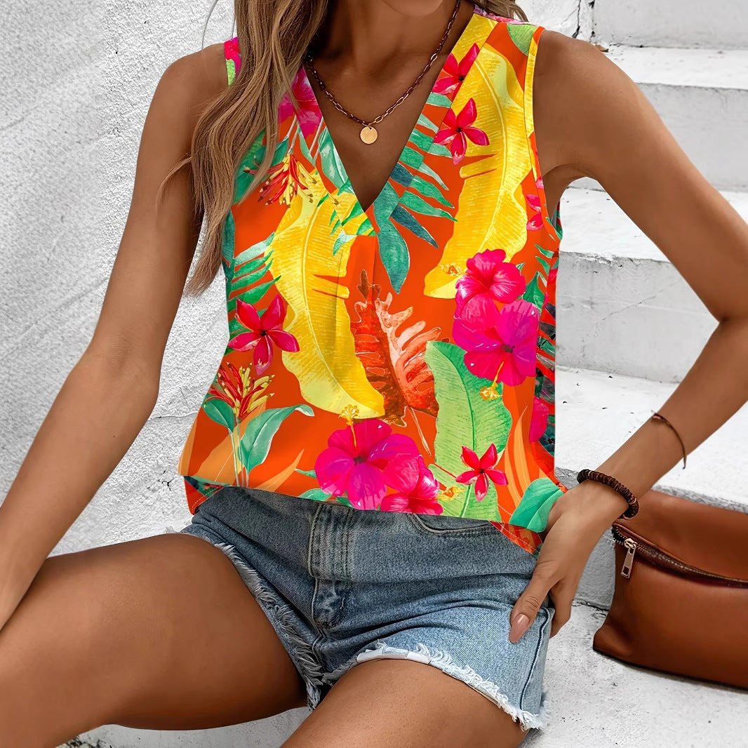 Women Viscose Top with Tropical Flower Pattern and V-Neck Ivyshape