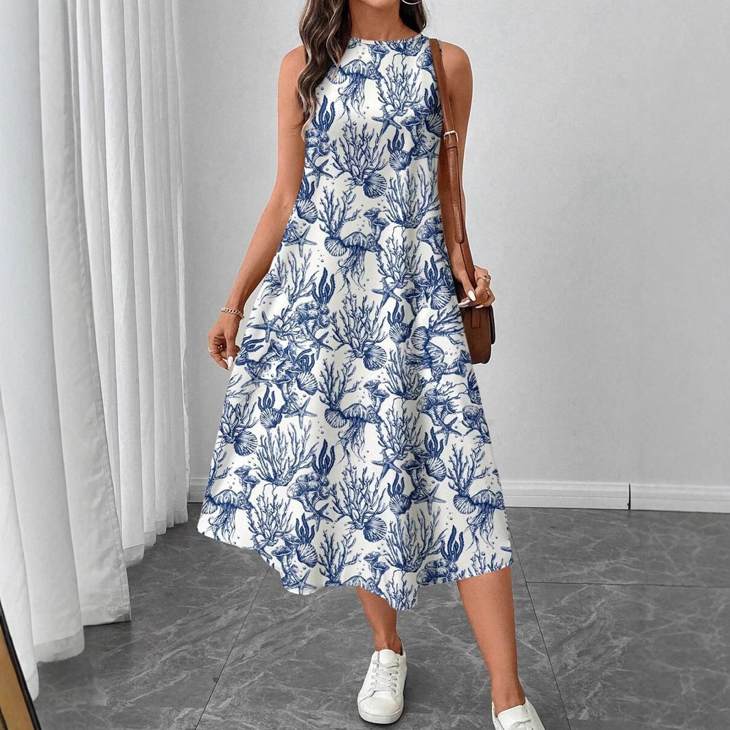 Women's summer midi dress with maritime pattern and beautiful cut Ivyshape