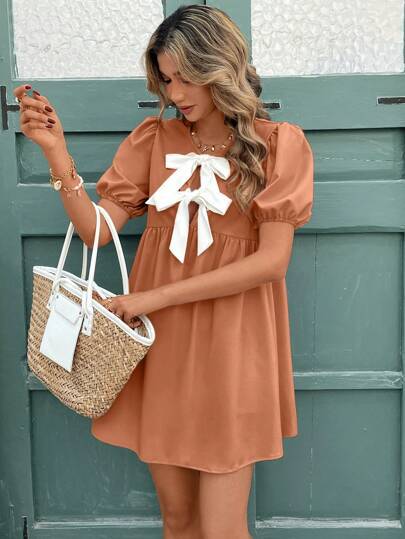 Ladies Summer Formal Dress with Bow Neckline and Puff Sleeves Ivyshape