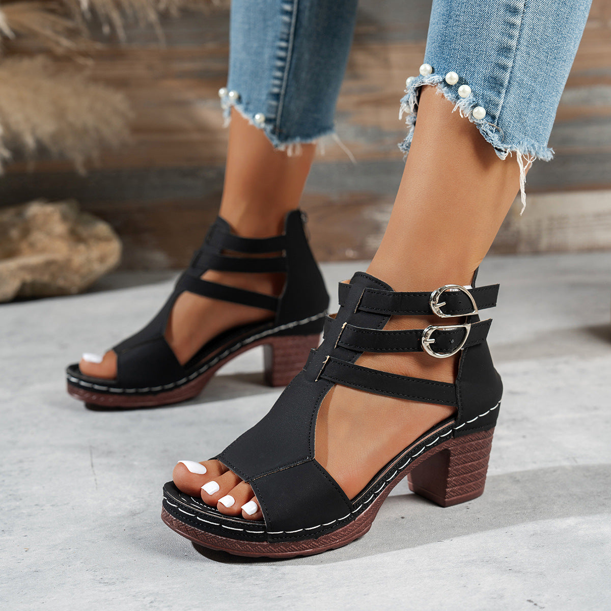 Women Open Shoes with Adjustable Straps and Block Heel Ivyshape