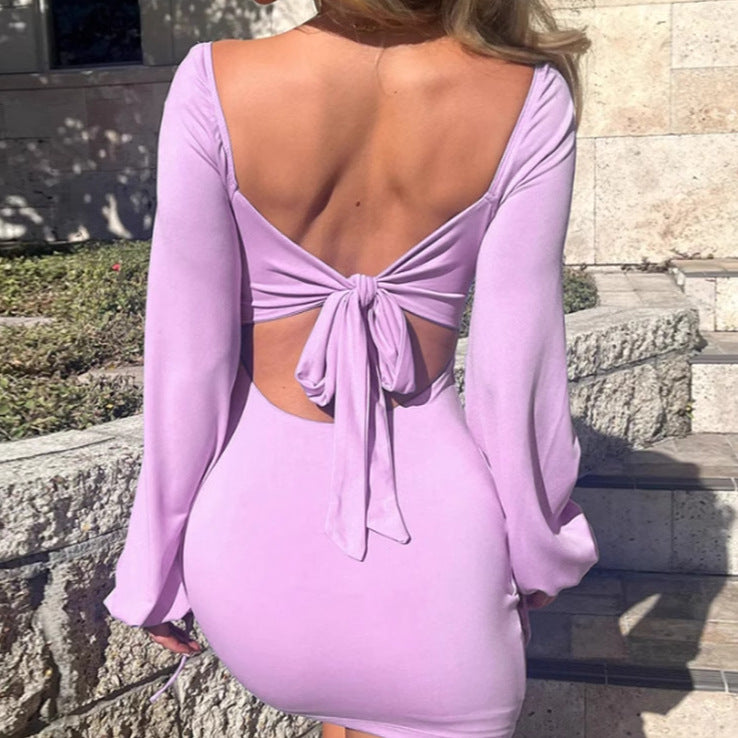 Ladies Mini Dress with Long Puff Sleeves and Beautiful Gather Ivyshape