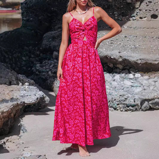 IvyShape | Floral Knot V-Neck Flowing Long Dress