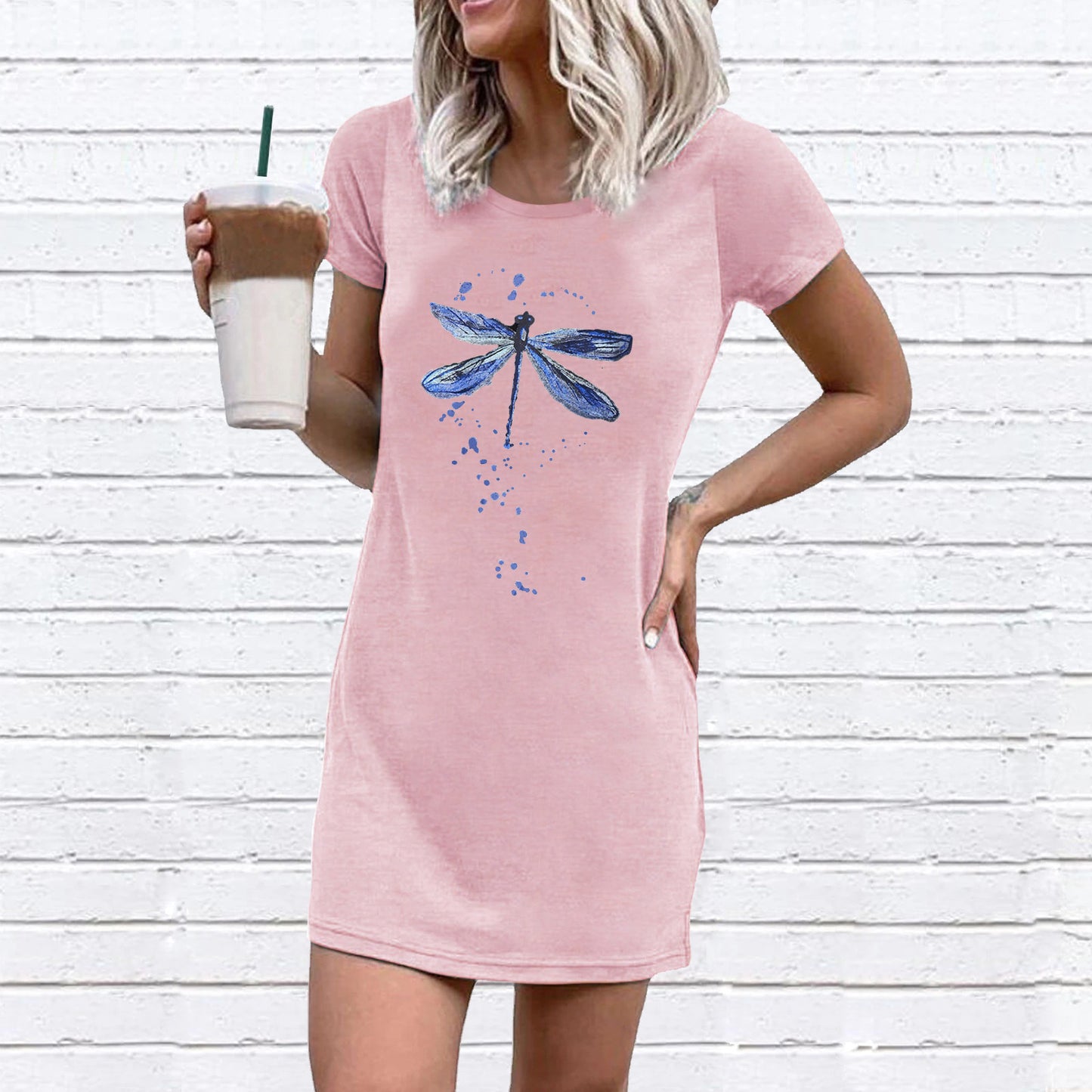 Women Short Sleeve Dress with Creative Dragonfly Motif and Loose Fit Ivyshape