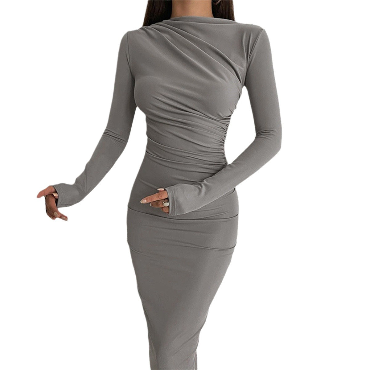 Ladies elegant long sleeve dress with shimmering gathering effects Ivyshape