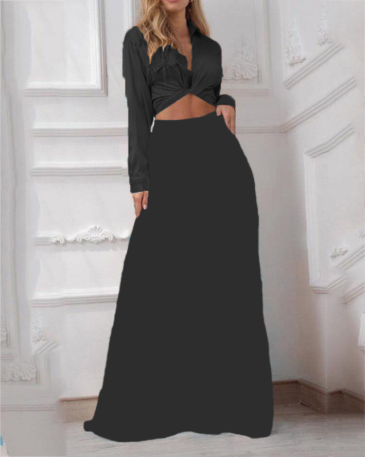 Ladies elegant wrap top with long sleeve and maxi skirt Ivyshape