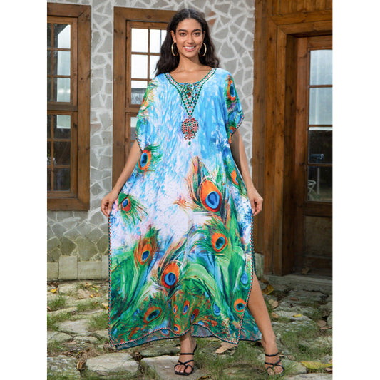 Women's beach kaftan with artistic peacock motif and fine details Ivyshape