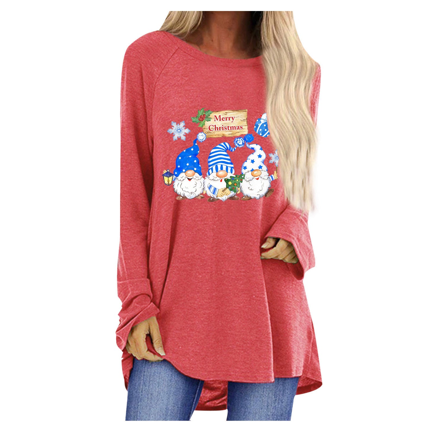 Women Oversized Long Sleeve Shirt with Festive Gnome Motif Ivyshape