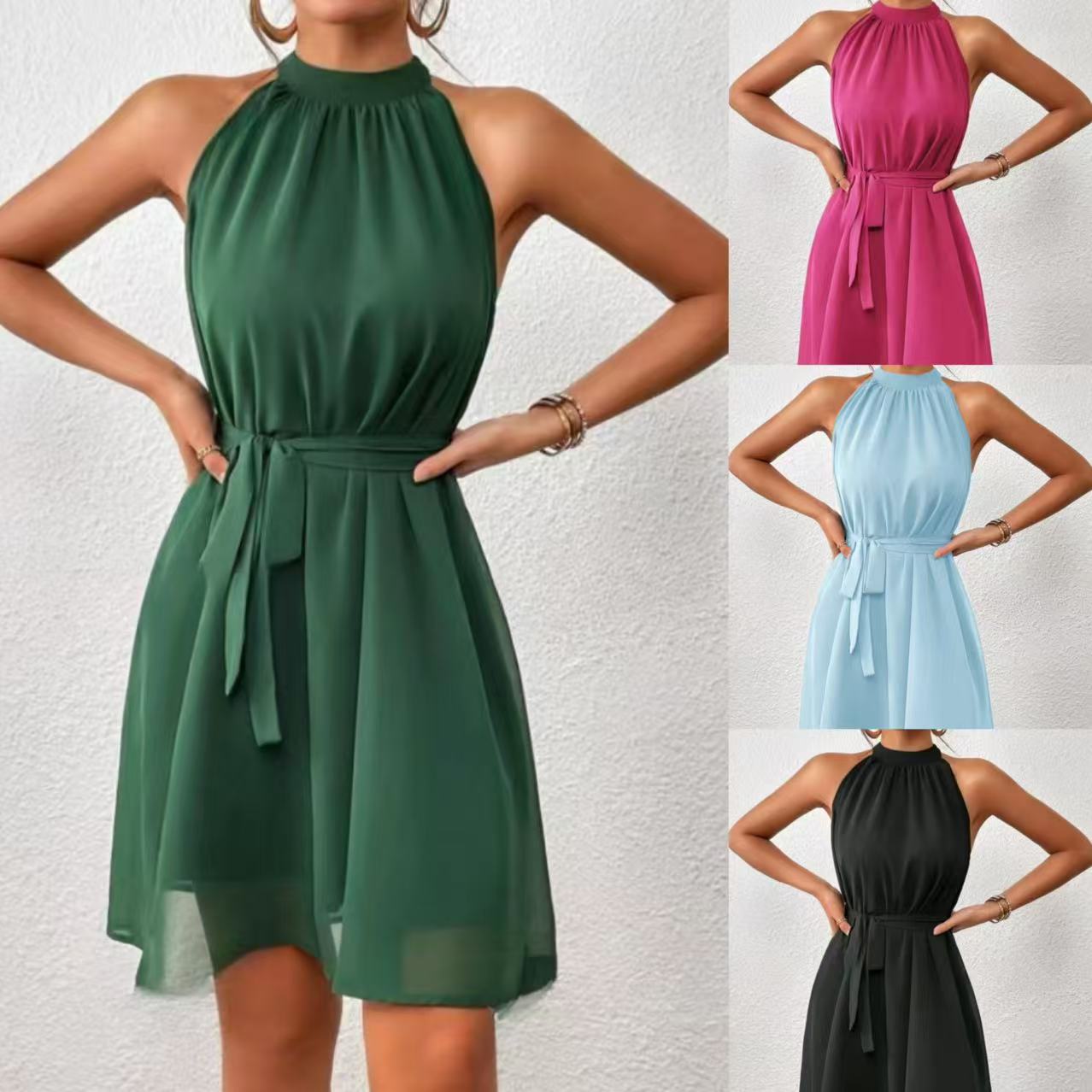 Women's short dress with high-neck collar and belt Ivyshape