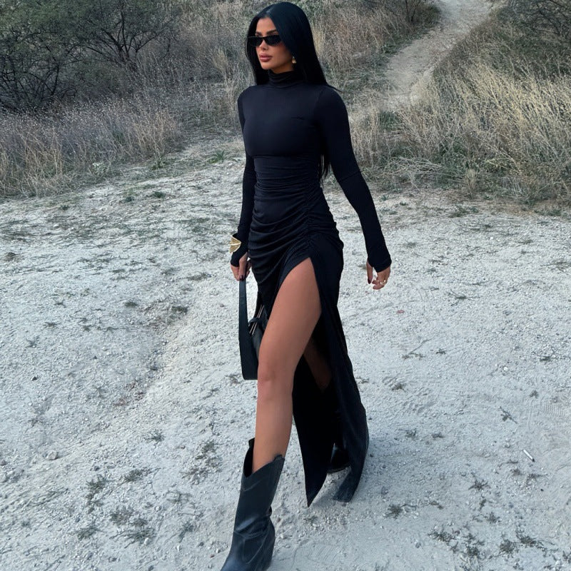 Ladies Elegant Long Sleeve Dress with Figure-Enhancing Ruffle Design and High Slit Ivyshape