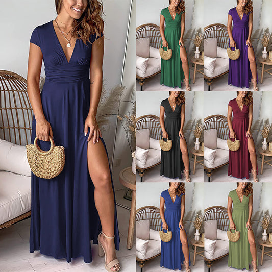 Ladies Elegant Maxi Dress with V-Neck and High Slit Ivyshape