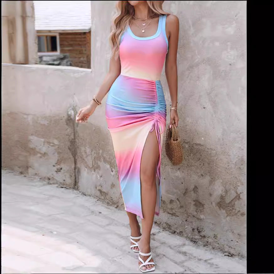 IvyShape | Tie-Dye Split Drawstring Vest Long Dress