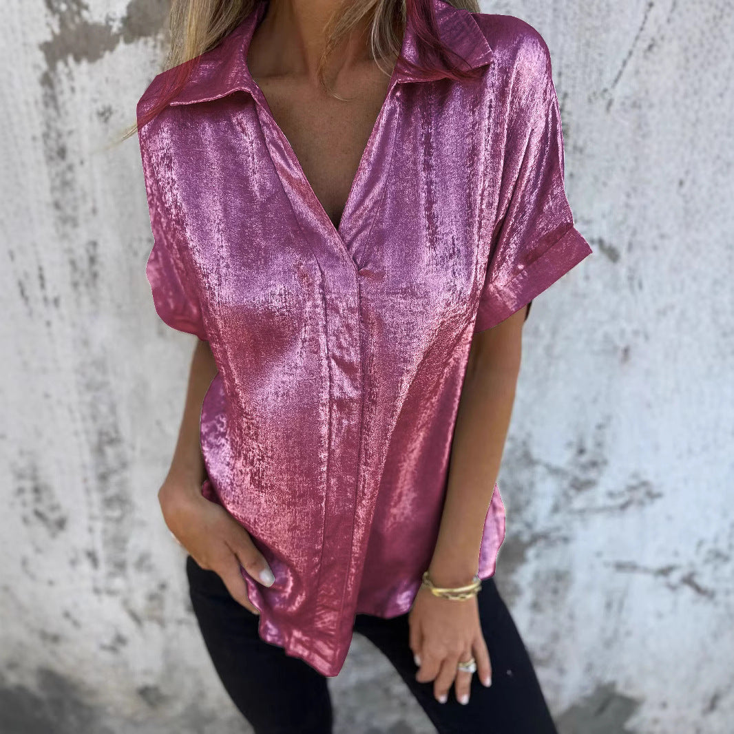 Women's Elegant Satin Blouse with Glossy Finish and Casual Cut Ivyshape