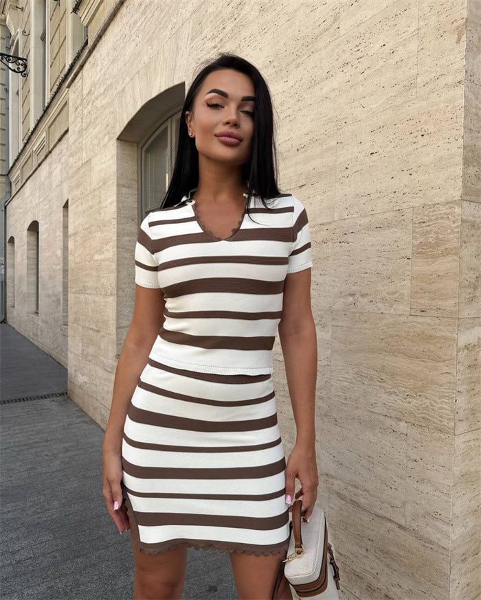 Women’s fashionable striped dress with short sleeves and playful neckline Ivyshape