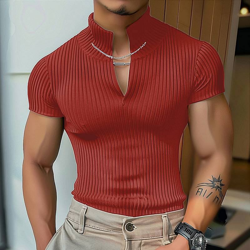 Women's Short Sleeve Shirt with V-Neck and Textured Rib Pattern Ivyshape