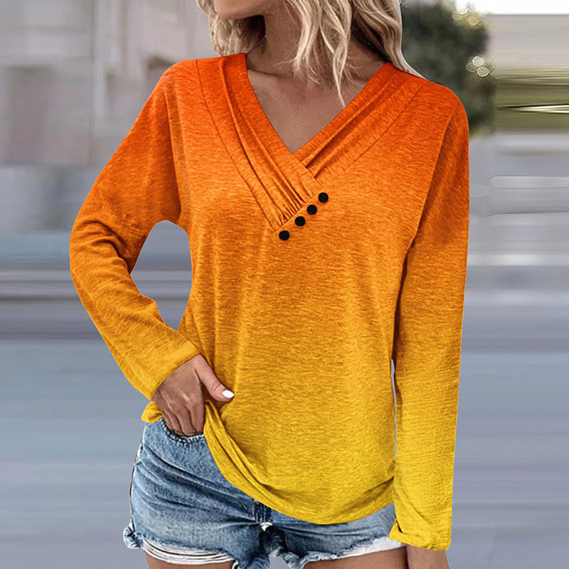 IvyShape | Long Sleeve Gradient Loose-Fitting Tee Top