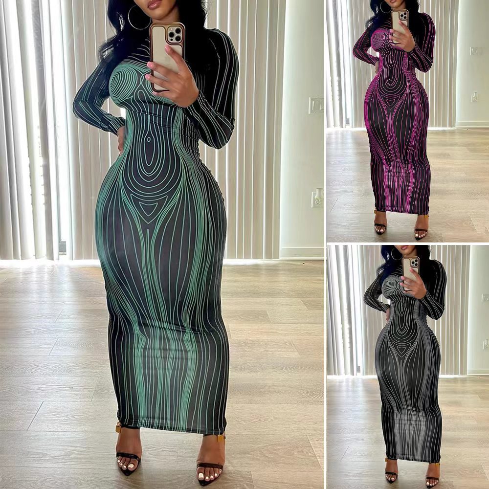 Women figure-hugging long sleeve dress with modern line pattern Ivyshape