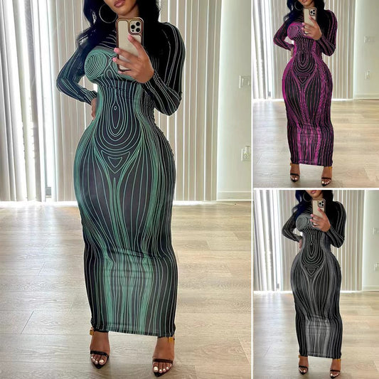 Women figure-hugging long sleeve dress with modern line pattern Ivyshape