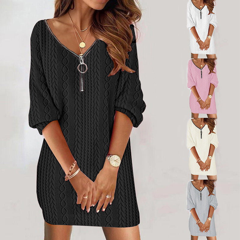 Women's knit dress with V-neck and zipper detail Ivyshape