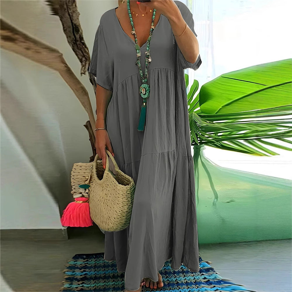 Women's airy boho maxi dress with flouncy hem and deep V-neck Ivyshape