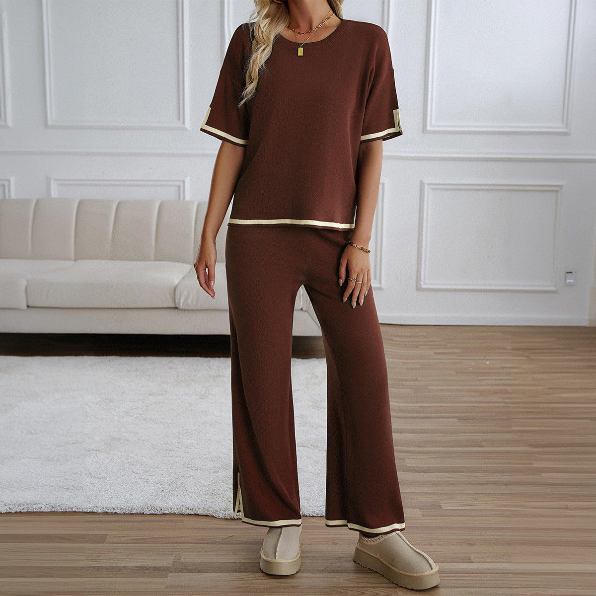 IvyShape | Elegant Casual Short Sleeve Knitted Pants Set