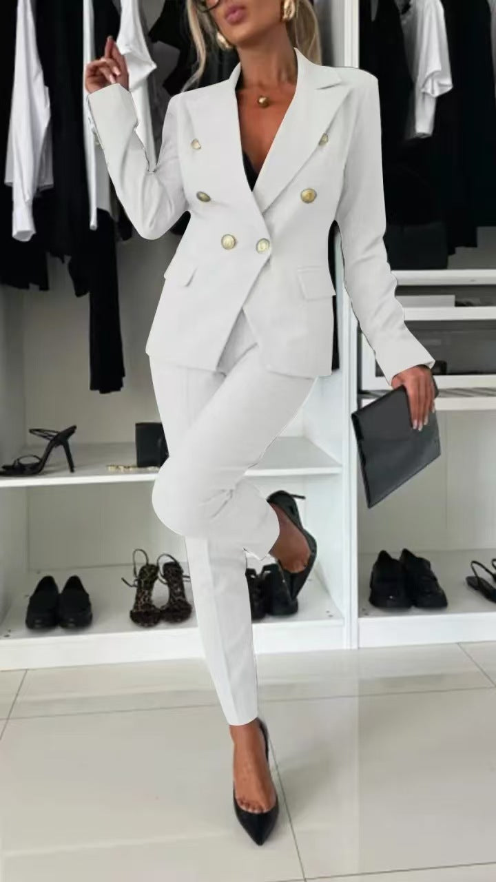 Women's Elegant Blazer Set with Tailored Pants and Double Button Placket Ivyshape