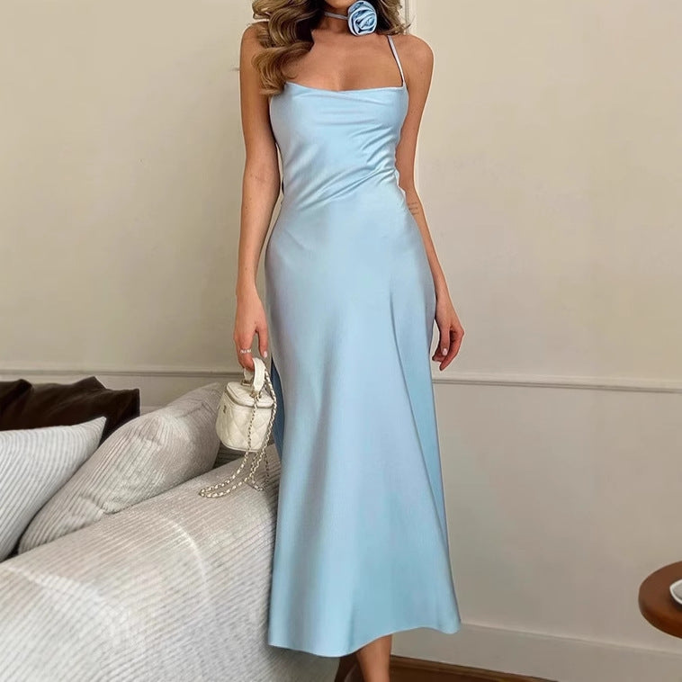 Ladies Elegant Bodkon Cotton Maxi Dress with Slim Spaghetti Straps and Deep Neckline Ivyshape