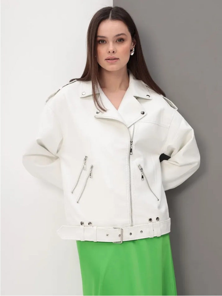 Women's fashionable biker jacket with innovative details Ivyshape