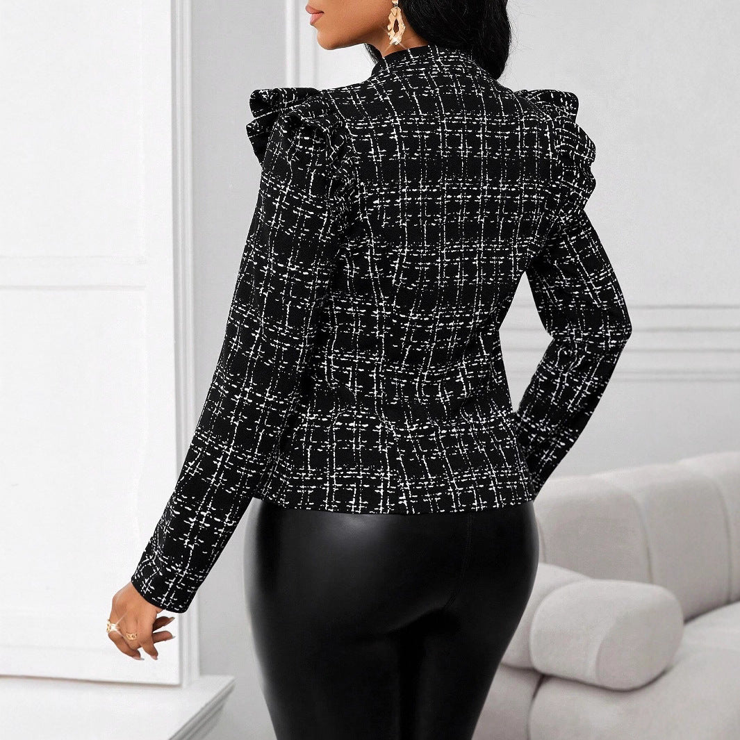 Women Fashion Pleated Jacket with Zipper and Ruffles Ivyshape