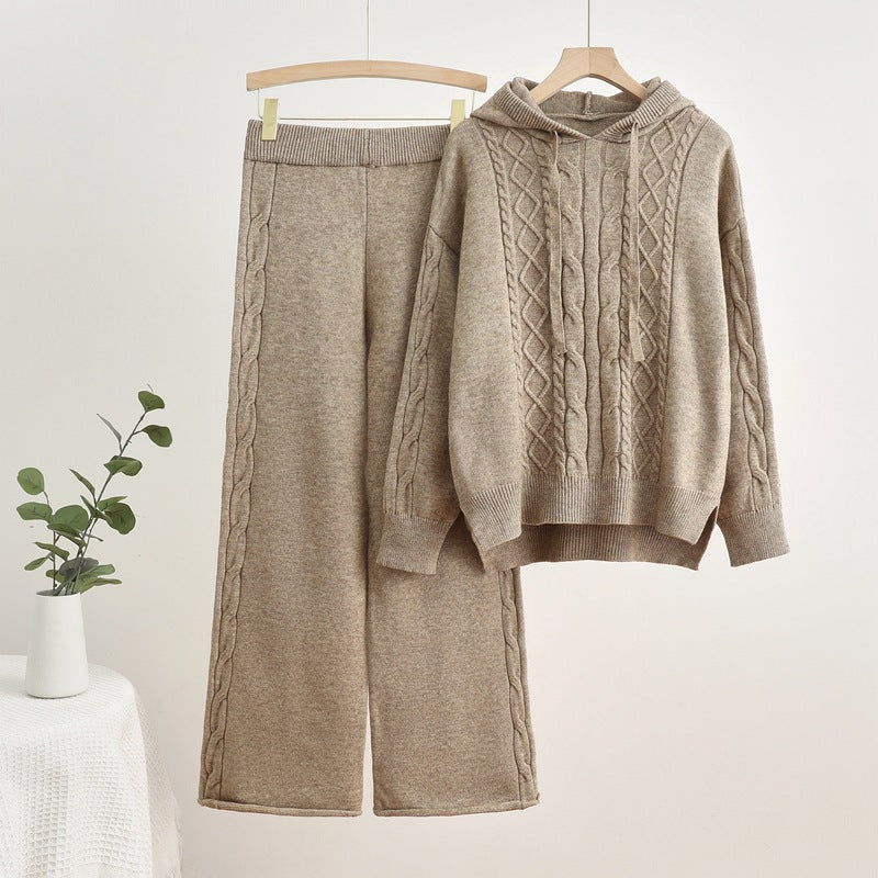 IvyShape | Ribbed knit hoodie sweat jacket and wide-cut pants set