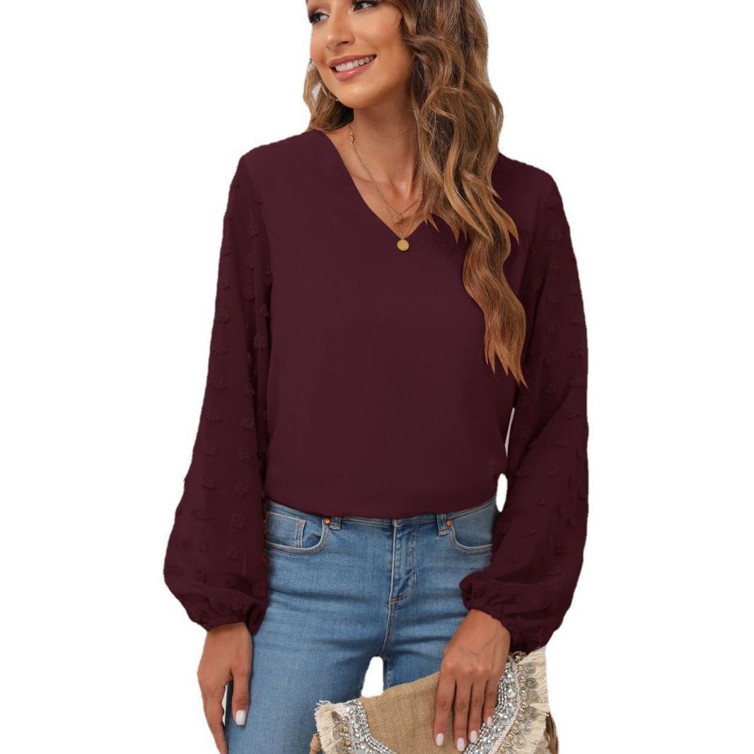 IvyShape | Chiffon Splicing Long Sleeve V-Neck Shirt Top