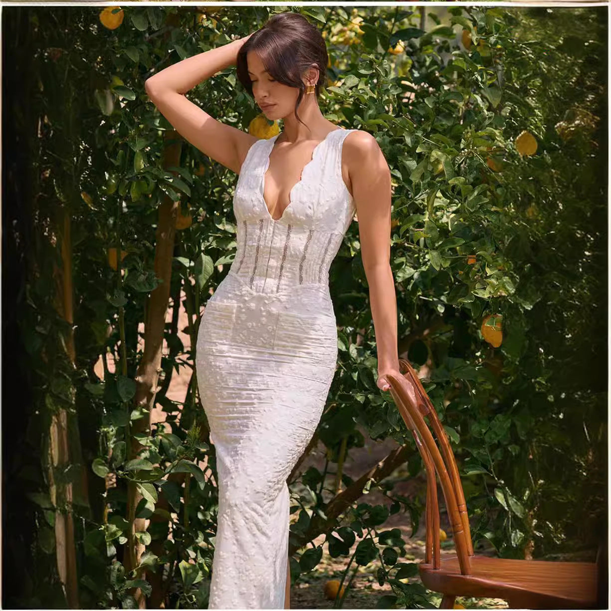 Women Figure-hugging Lace Dress with Deep V-neck and Shimmering Details Ivyshape