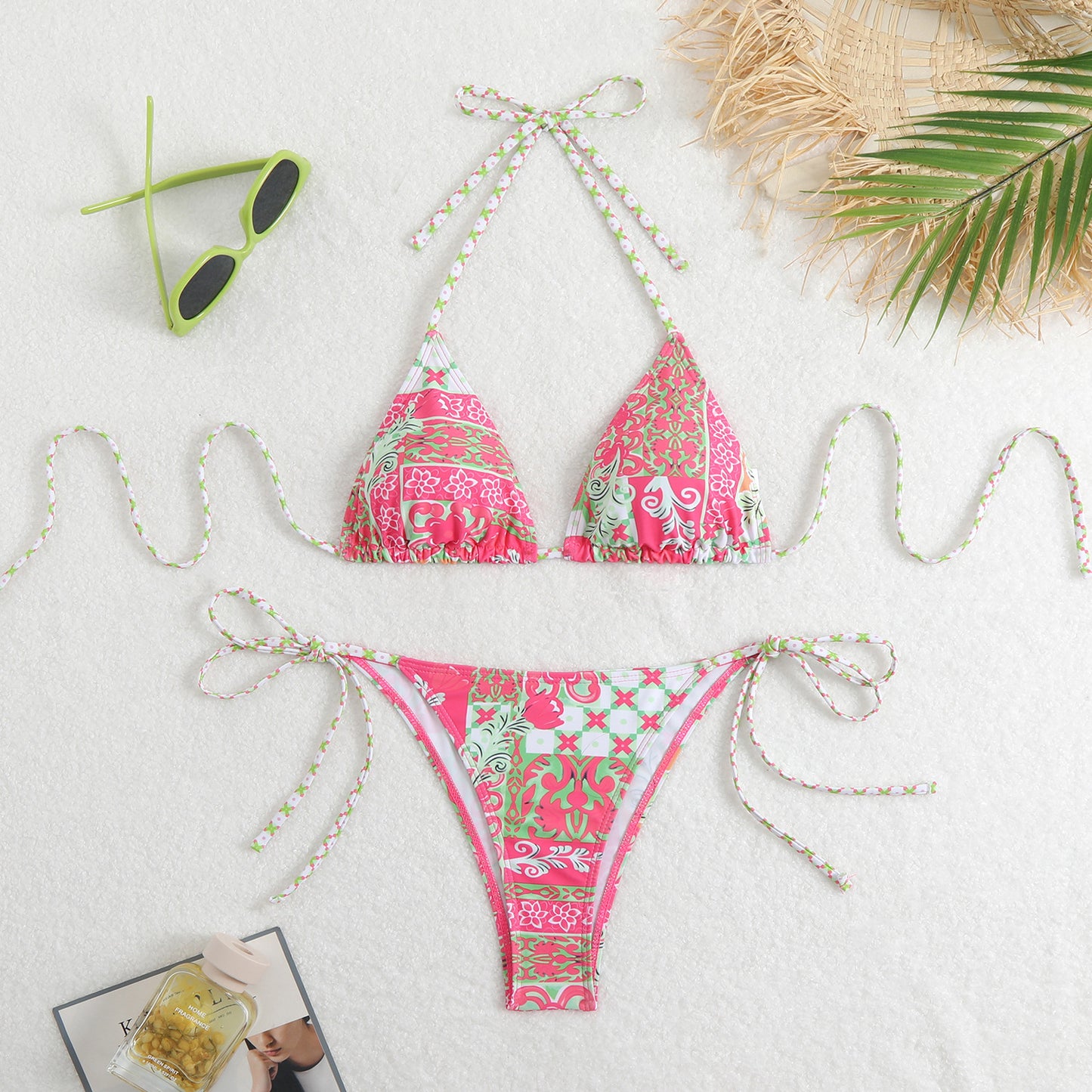 Ladies triangle bikini with floral pattern and playful ruffles Ivyshape