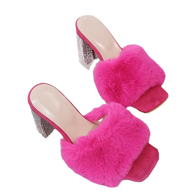 Ladies Glamorous Mules with cozy faux fur and glittering heel Ivyshape