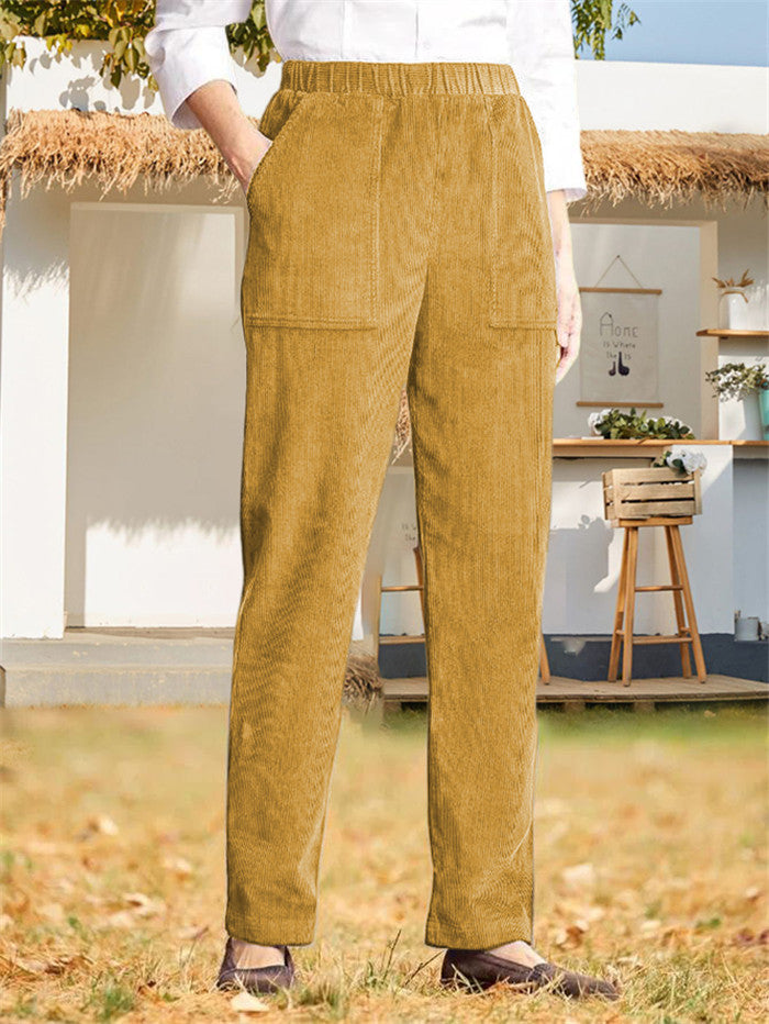 Women's corduroy pants with elastic waistband and practical pockets Ivyshape