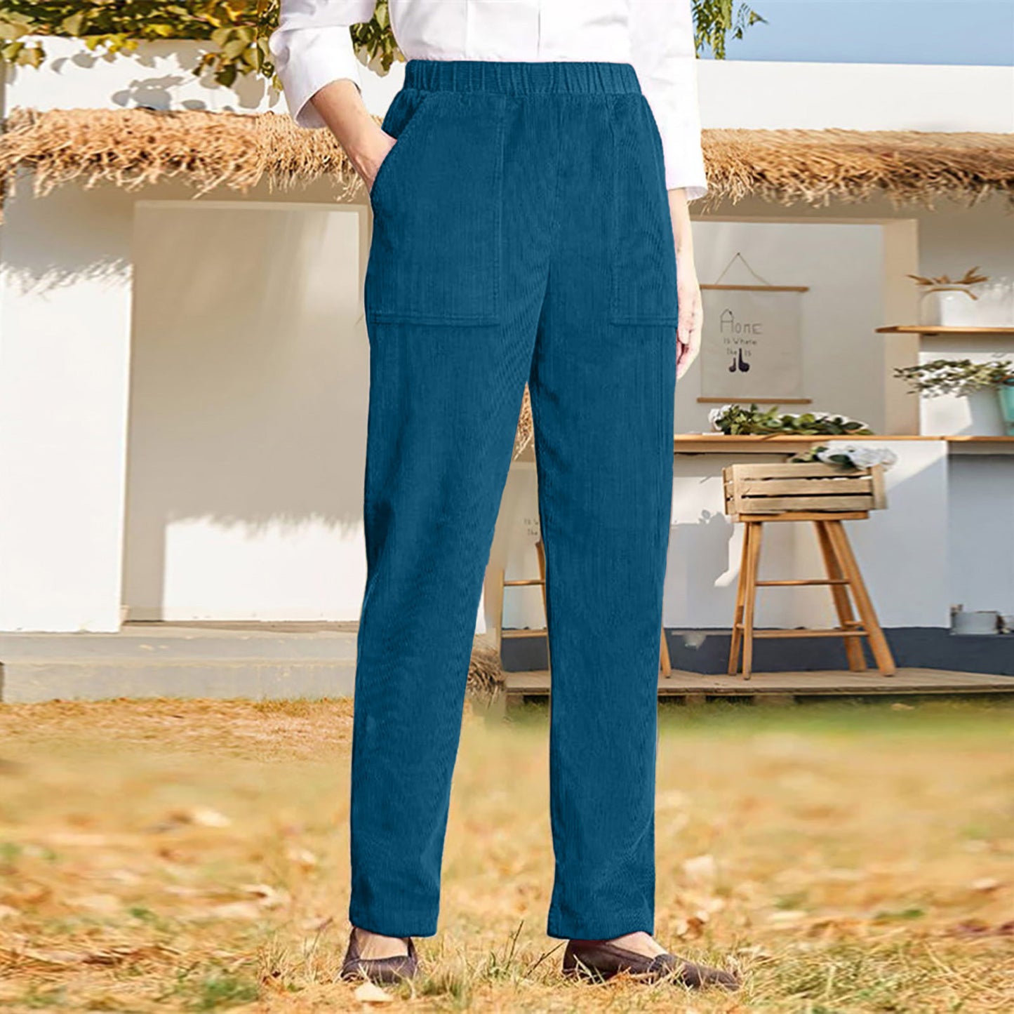 Women's corduroy pants with elastic waistband and practical pockets Ivyshape