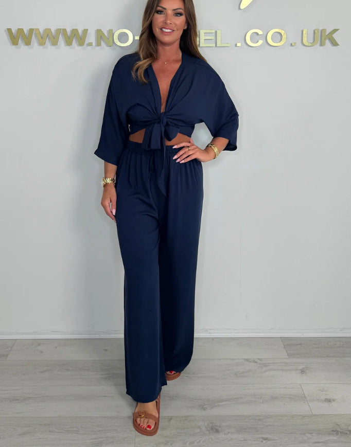 Ladies Elegant Jumpsuit with Playful Knot and Wide Cut Legs Ivyshape