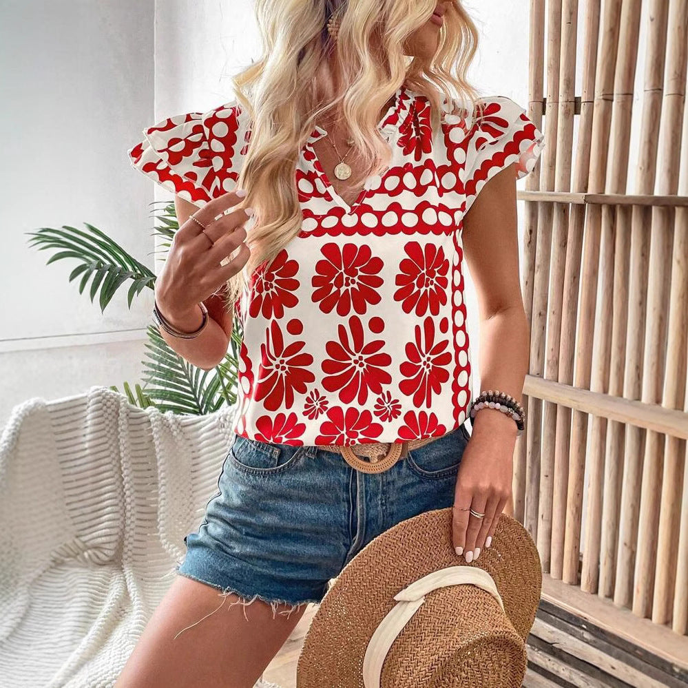 Ladies blouse with floral ruffle details and fresh design Ivyshape