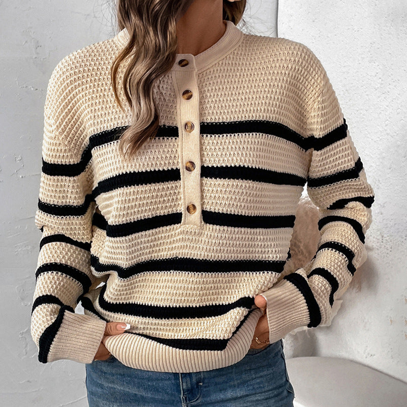 Women's striped pullover with button placket made of textured wool Ivyshape