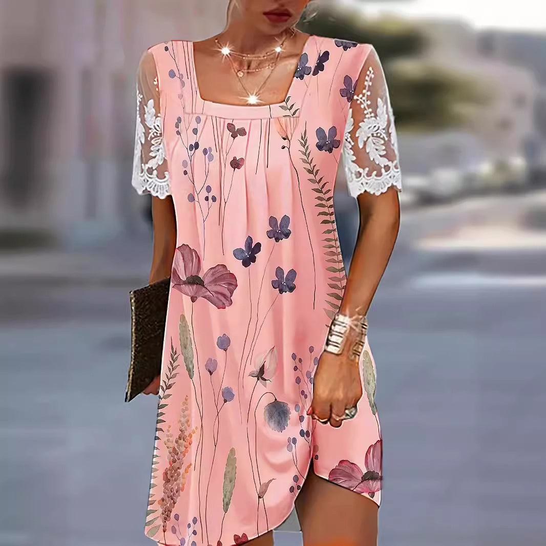 IvyShape | Casual Floral Short Sleeve Loose Mid Skirt Dress