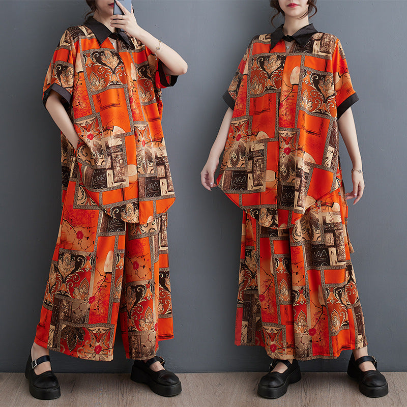 IvyShape | Floral Shirt Elastic Waist Wide Leg Two-Piece Set