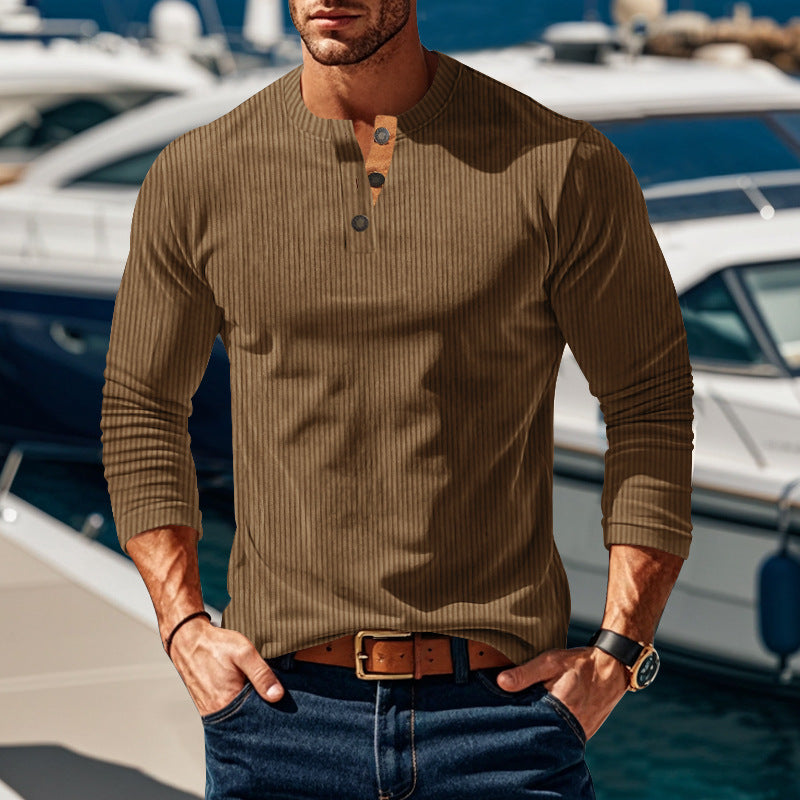 Men's Long Sleeve Henley Shirt with Textured Design and Button Details Ivyshape