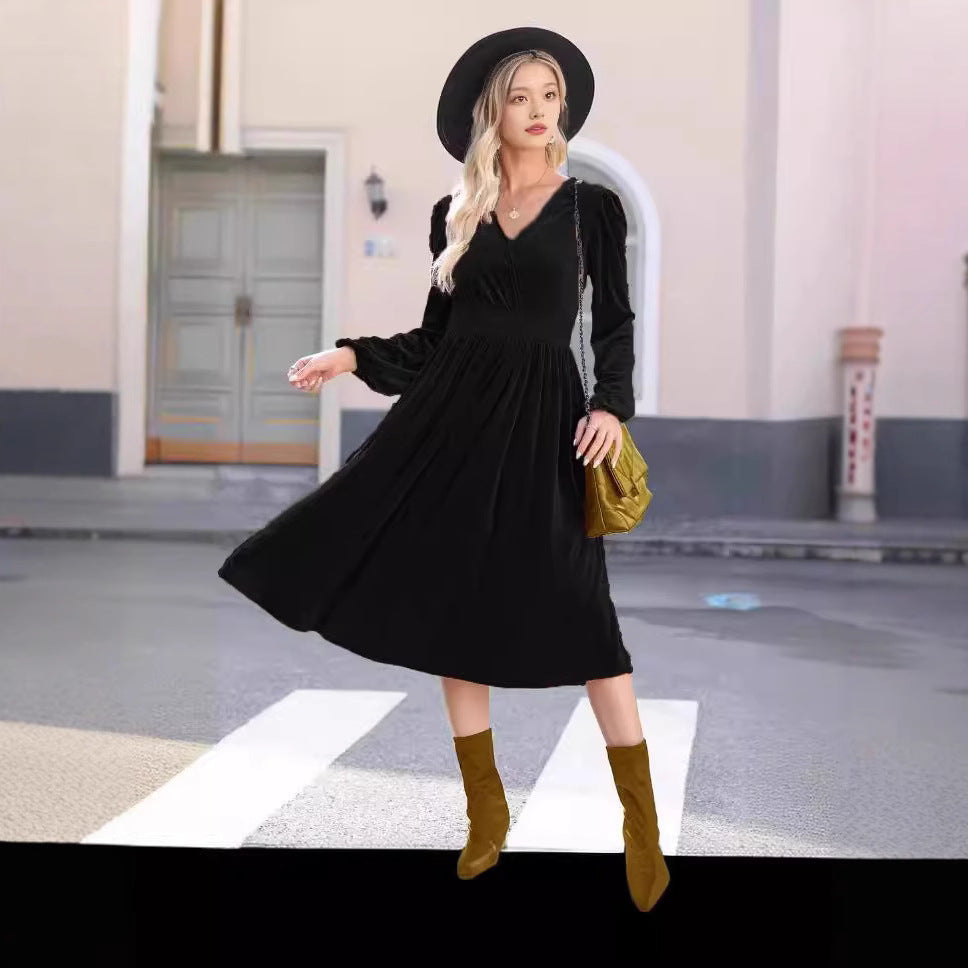 Women Elegant Velvet Maxi Dress with V-Neck and Slim Waist Ivyshape